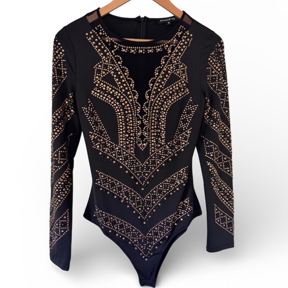 Starlette Black Studded Long Sleeve Bodysuit – Size M, Never Worn